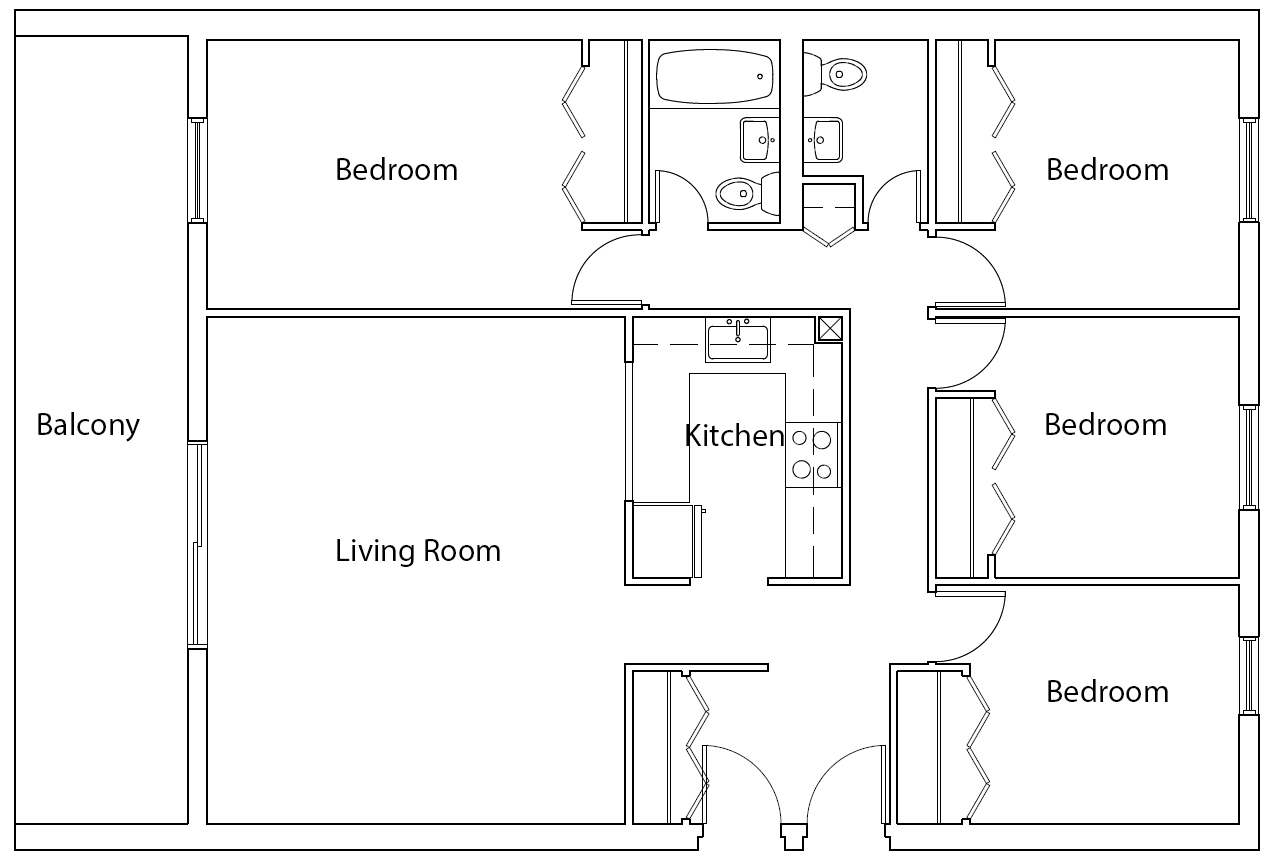 Floor plan for 4 beds, 1.5 baths, 1191 sqft
